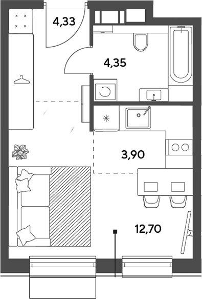 Планировка: Студия, 25.28 м²