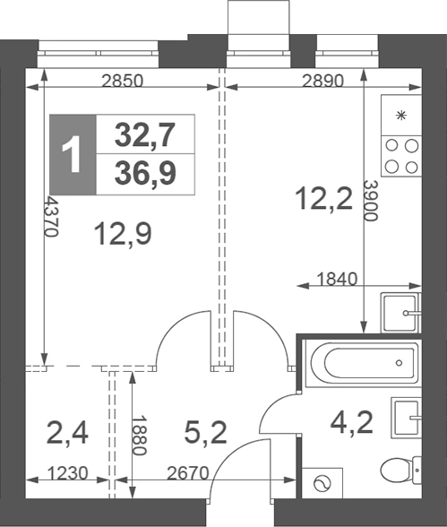 Планировка: 1-к.кв, 36.9 м²