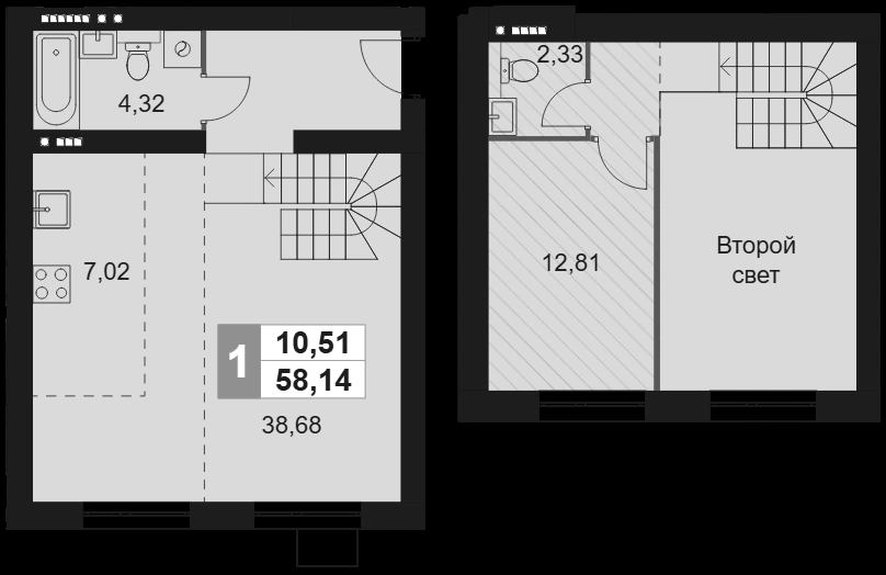 Планировка: 1-к.кв, 58.14 м²