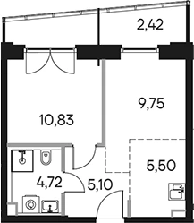 Планировка: 2Е-к.кв, 38.32 м²