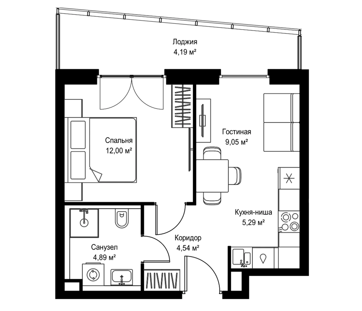 Планировка: 2Е-к.кв, 39.96 м²