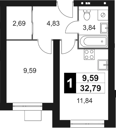 Планировка: 1-к.кв, 32.79 м²