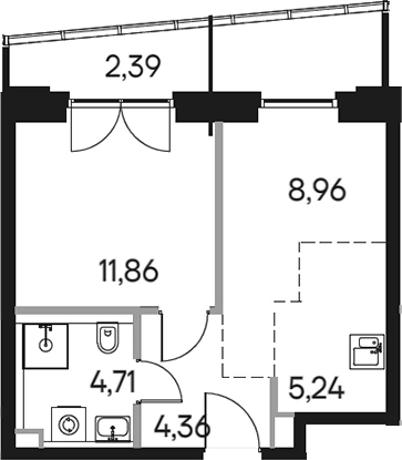 Планировка: 2Е-к.кв, 37.52 м²