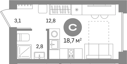 Планировка: Студия, 18.7 м²
