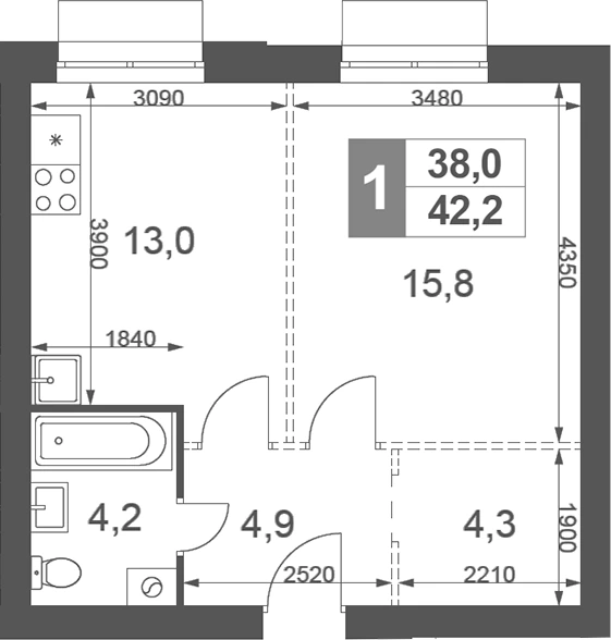 Планировка: 1-к.кв, 42.2 м²