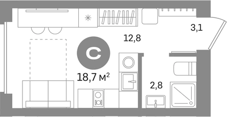 Планировка: Студия, 18.7 м²